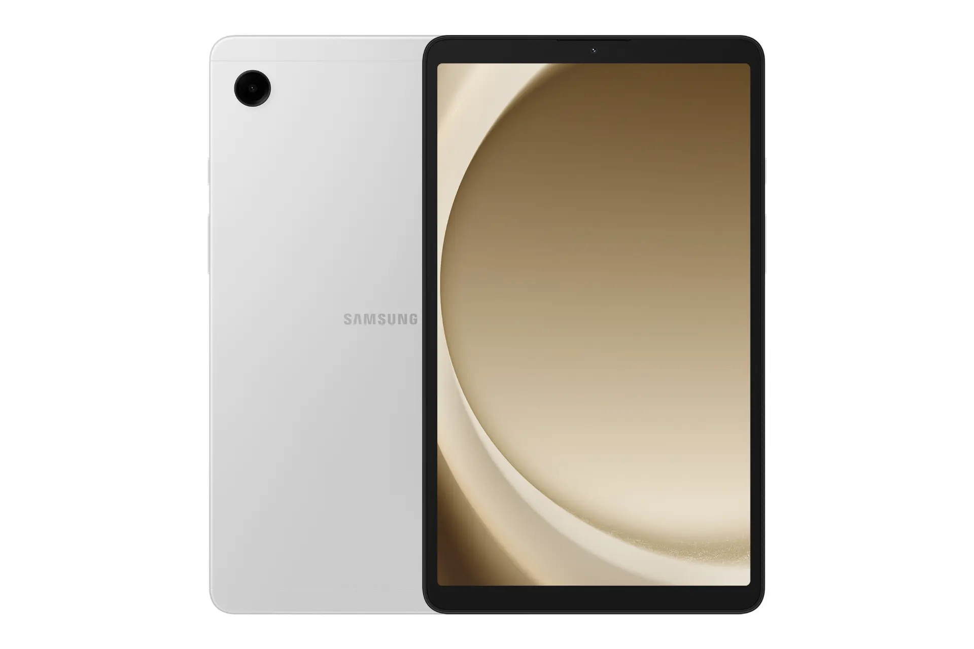نمای کلی تبلت گلکسی تب A9 سامسونگ / Samsung Galaxy Tab A9 با نمایشگر روشن و نمایش لوگو و دوربین پنل پشت رنگ نقره ای