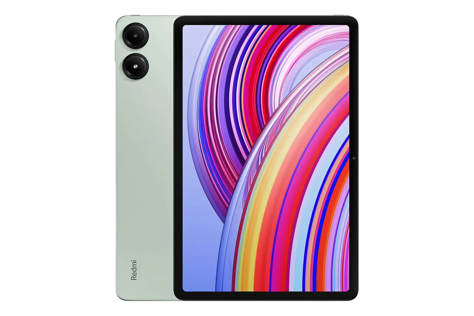 نمای کلی تبلت ردمی پد پرو شیائومی / Xiaomi Redmi Pad Pro با نمایشگر روشن و نمایش لوگو و دوربین پنل پشت رنگ خاکستری سبز