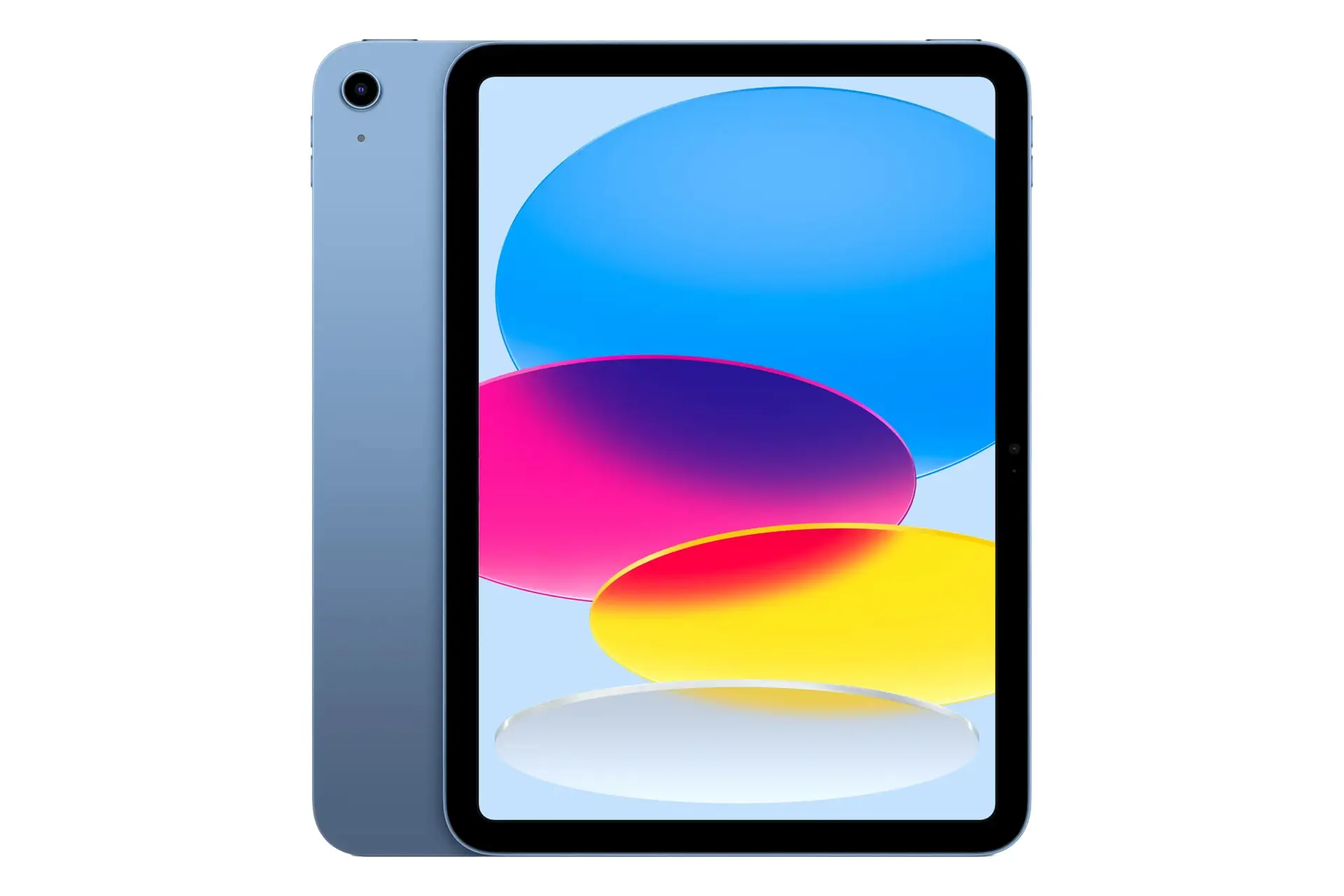 نمای کلی تبلت آیپد 10.9 اپل نسخه 2022 / Apple iPad 10.9 2022 با نمایشگر روشن و نمایش دوربین پنل پشت