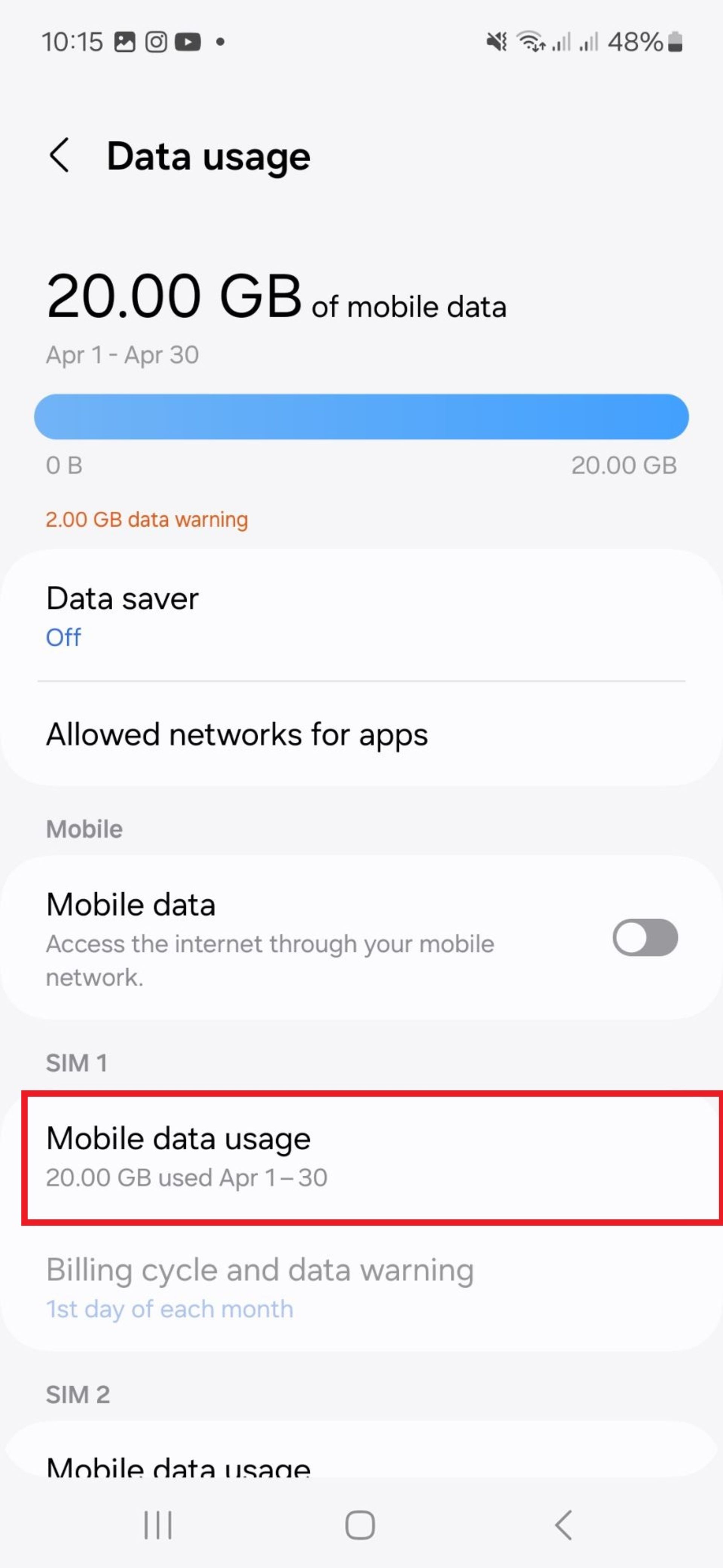 گزینه‌ی mobile data usage در اندروید
